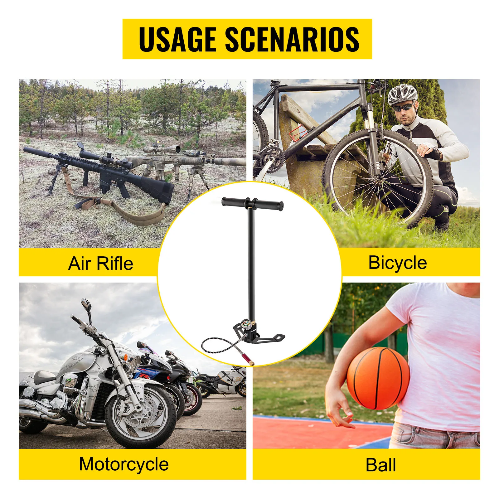 Escenarios de uso de la bomba de aire PCP VEVOR: rifle de aire, bicicleta, motocicleta, pelota.