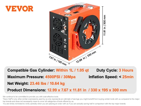 VEVOR pcp air compressor specs: 4500psi, 23.46 lbs, 12.99x7.67x11.81 inches, 1l cylinder, 25min inflation.