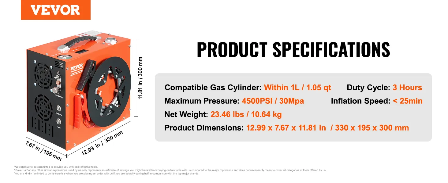 VEVOR pcp air compressor specs: 4500psi, 23.46 lbs, 12.99x7.67x11.81 inches, 1l cylinder, 25min inflation.