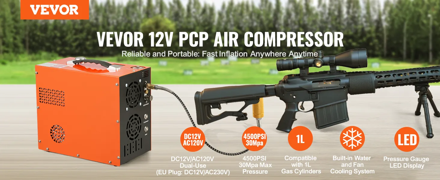 VEVOR 12v pcp air compressor, reliable, portable, 4500psi max pressure, built-in cooling system, led gauge.