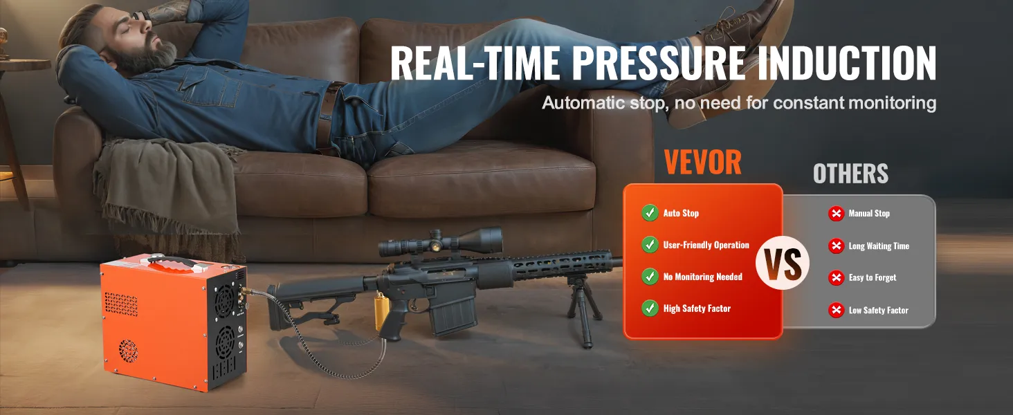 VEVOR pcp air compressor next to a rifle on the floor while a person relaxes on a couch in the background.