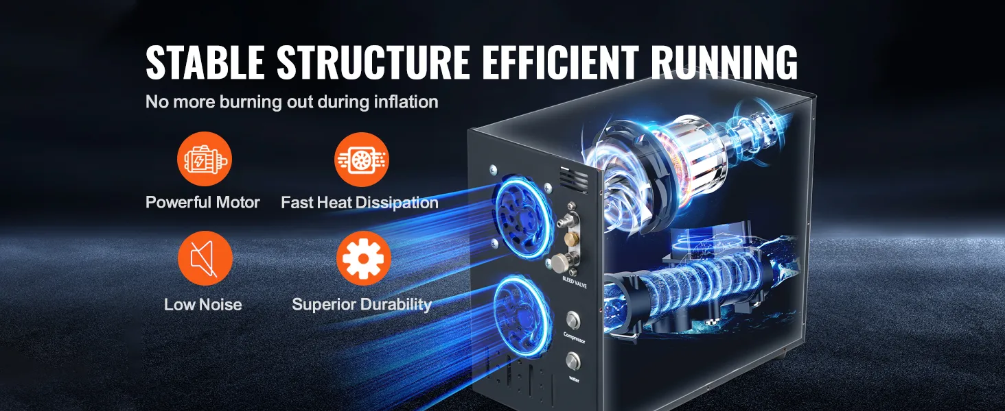 VEVOR pcp air compressor features powerful motor, fast heat dissipation, low noise, and superior durability.