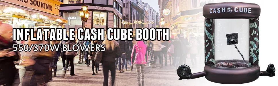 Puesto de dinero inflable VEVOR con sopladores de 550/370 W en una concurrida calle de la ciudad.