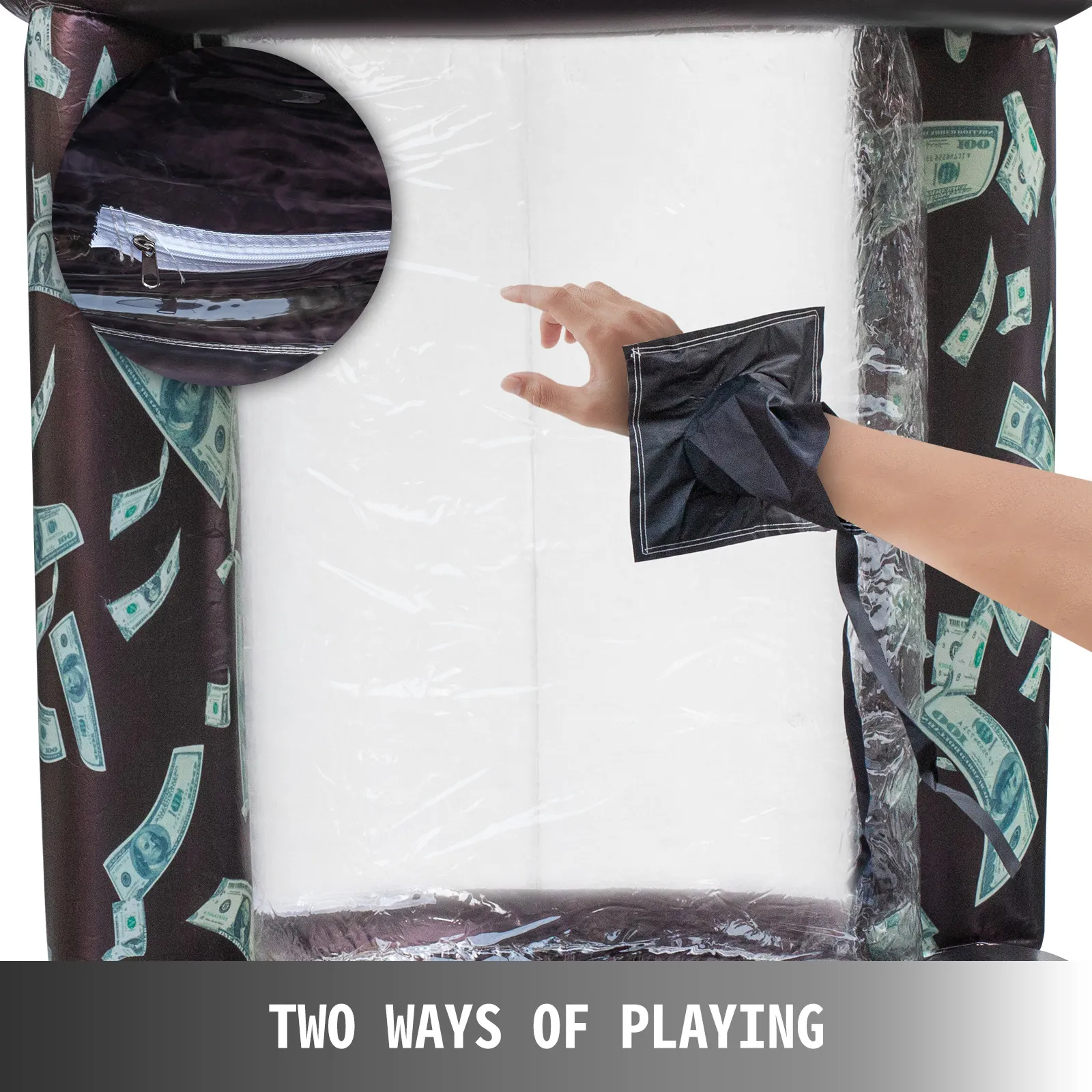 La mano alcanza el cubo de dinero inflable VEVOR que muestra un diseño con temática de dinero y detalle de cremallera.