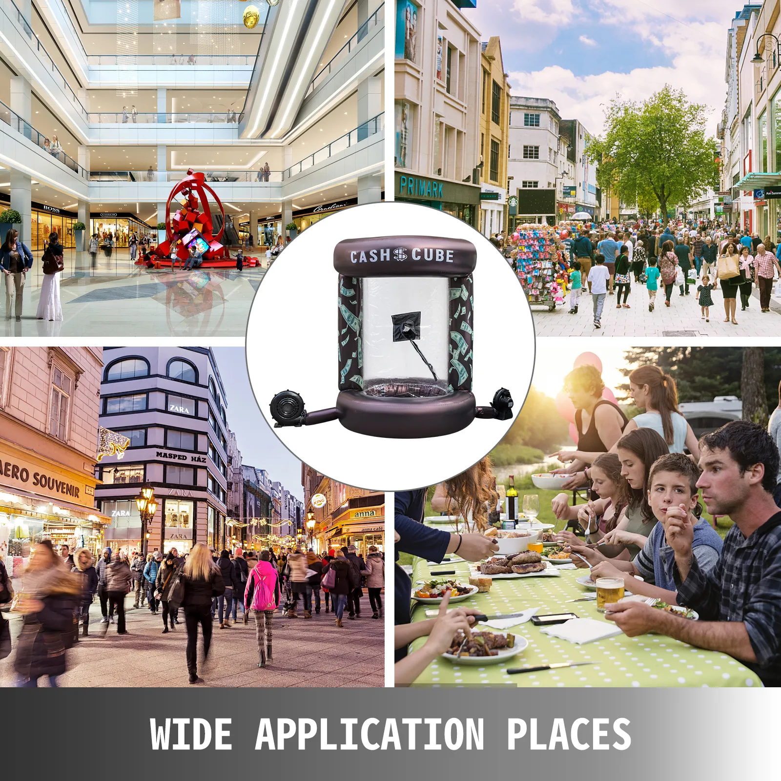 Cubo de efectivo inflable VEVOR utilizado en centros comerciales, eventos al aire libre y reuniones familiares.