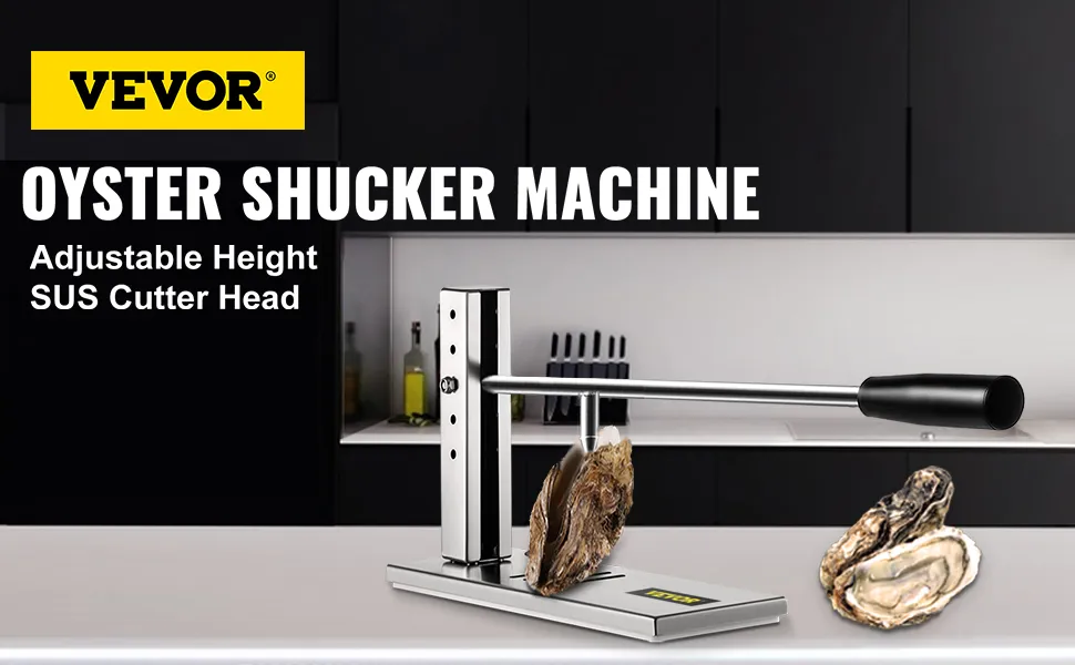 Juego de herramientas para abrir ostras VEVOR con altura ajustable en una cocina moderna.