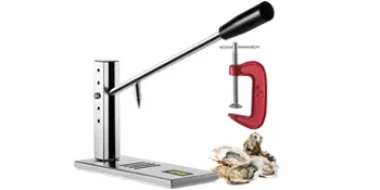 Juego de herramientas para abrir ostras VEVOR con palanca, base, abrazadera y ostras recién abiertas.