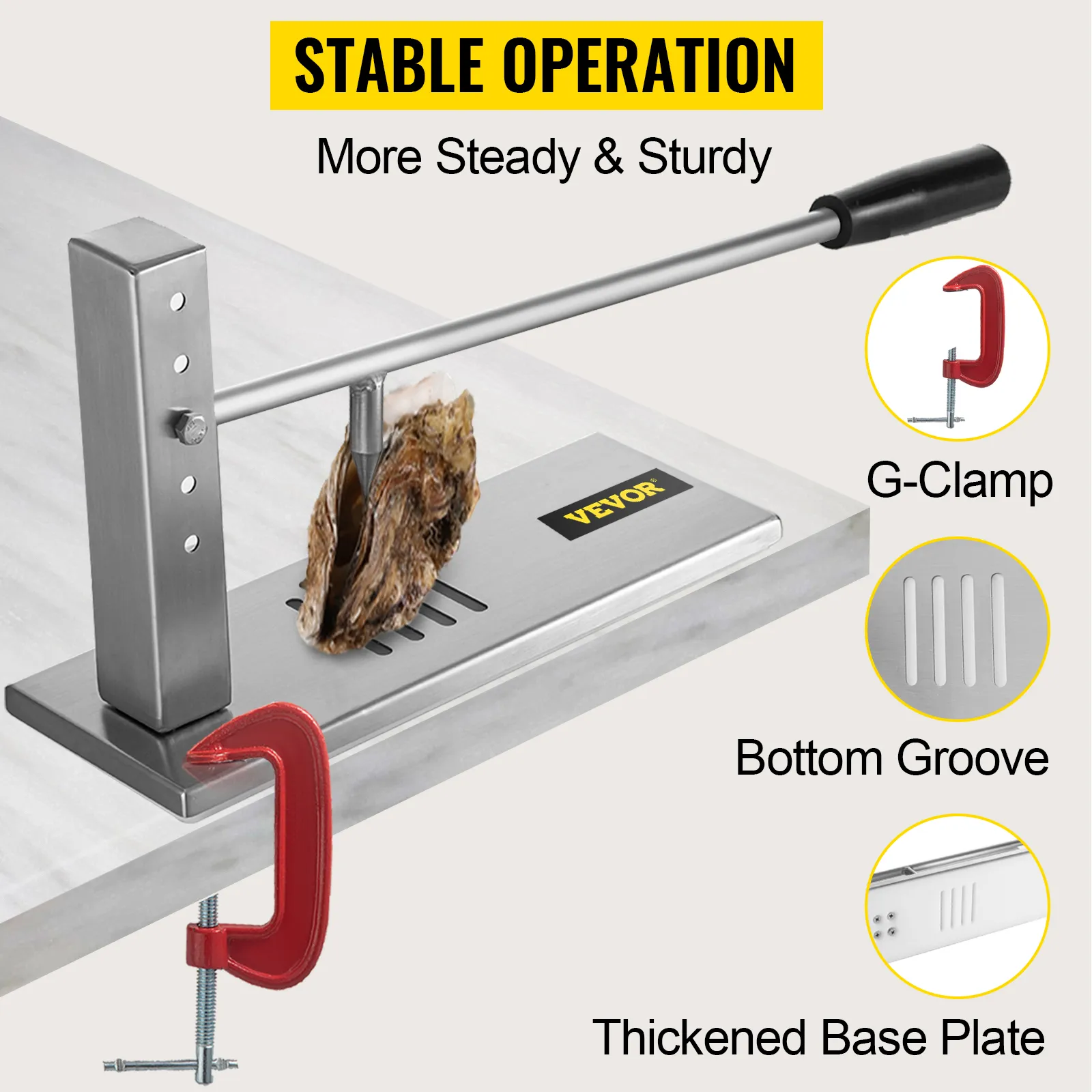 Juego de herramientas para abrir ostras VEVOR aseguradas con una abrazadera en G para un funcionamiento estable y una ranura inferior.