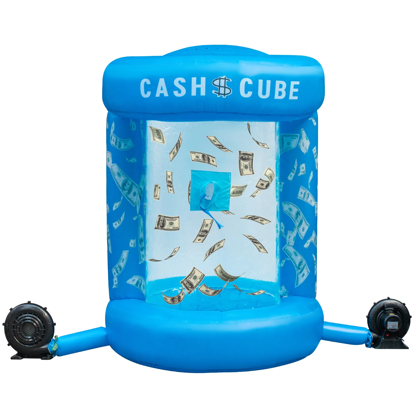 Cubo de dinero inflable VEVOR azul con dinero flotante y dos sopladores adjuntos.