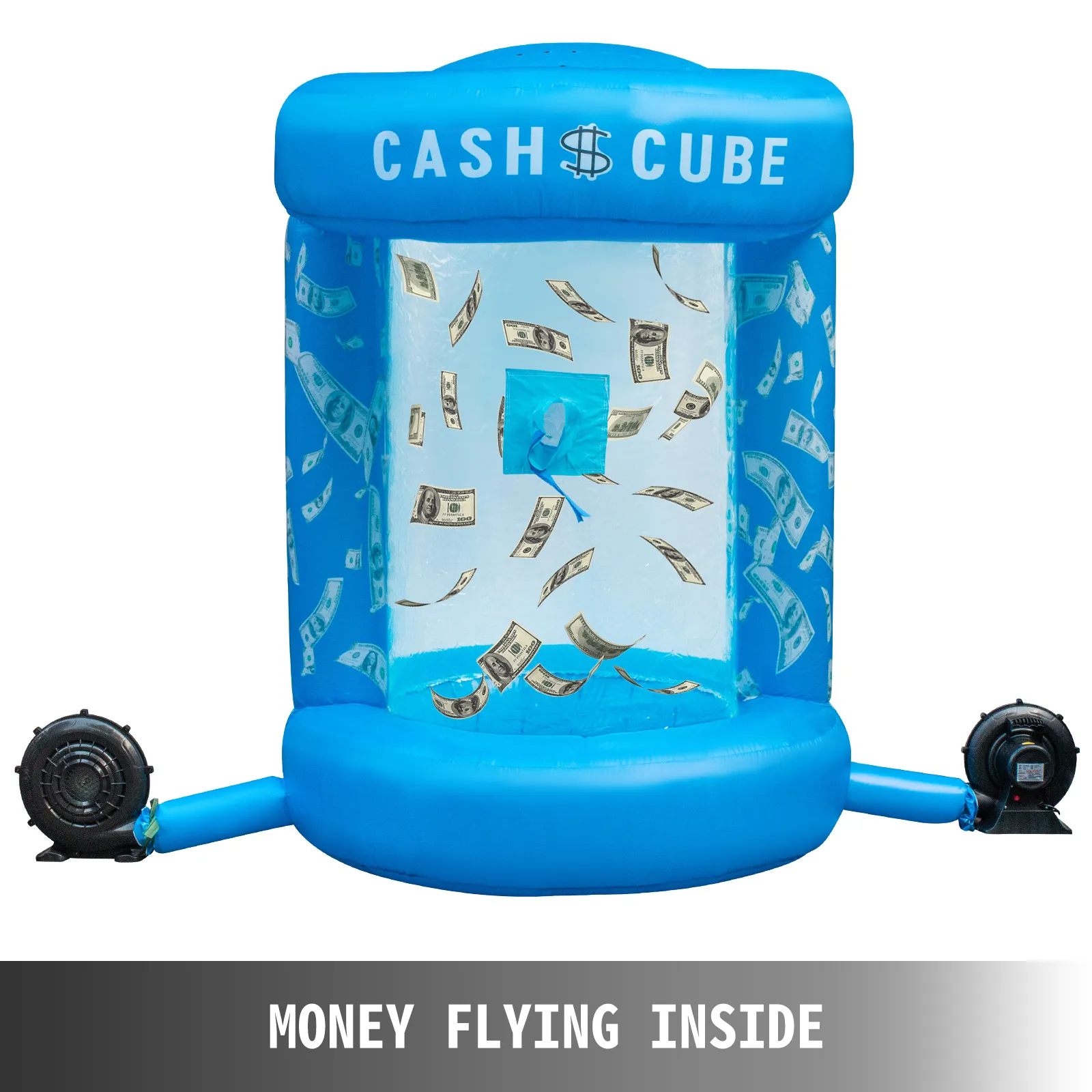 Cubo de dinero inflable VEVOR con dinero volando en su interior.