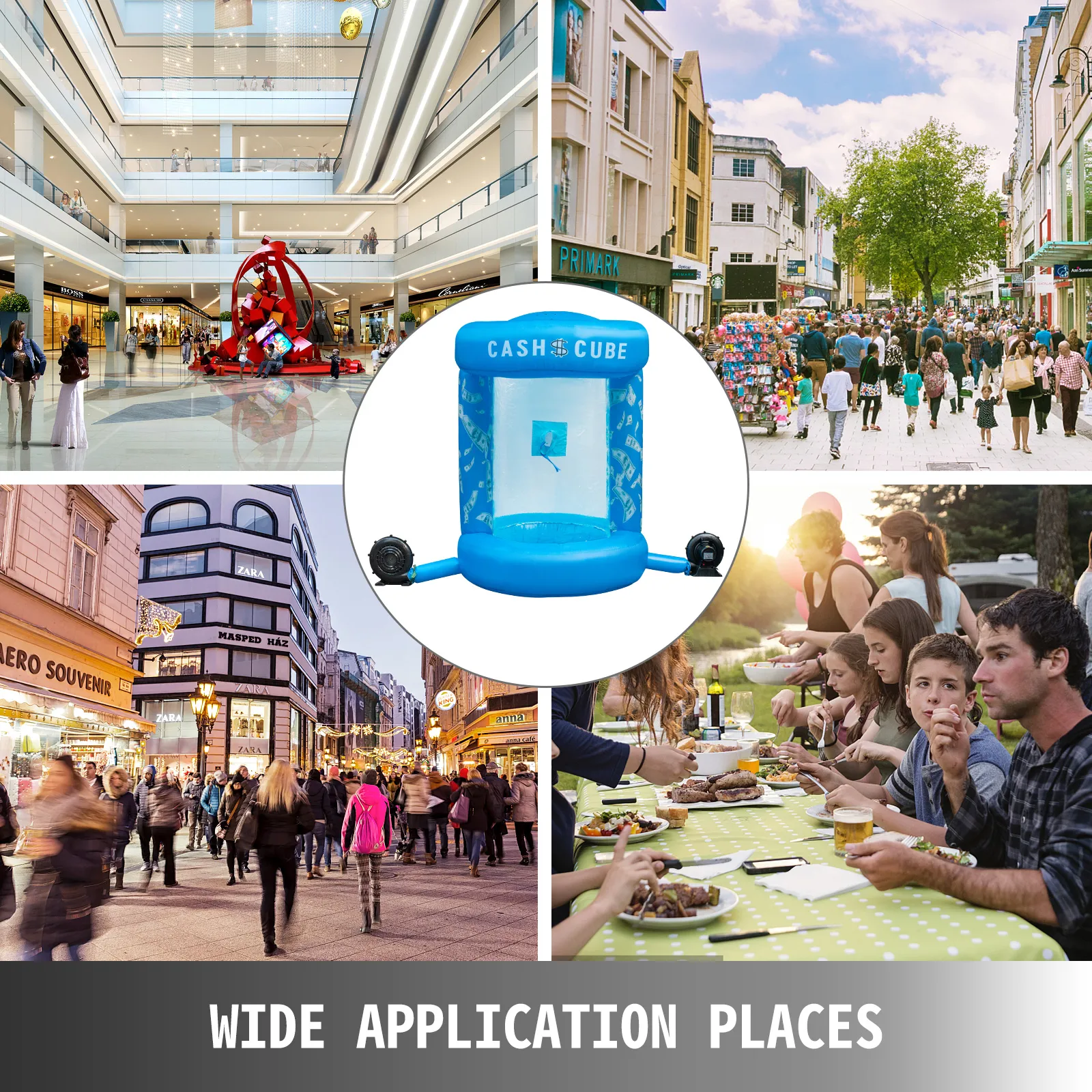 Cubo de efectivo inflable VEVOR con amplia aplicación en centros comerciales, calles, eventos al aire libre y reuniones.