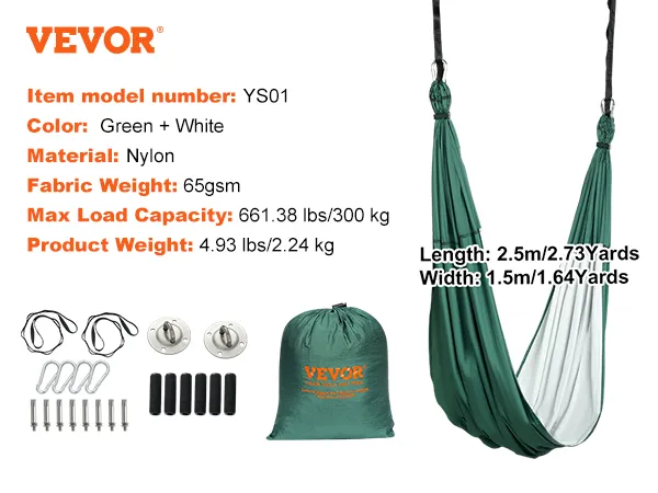 VEVOR aerial yoga swing set, green and white nylon, max load 300kg, with accessories and carry bag.
