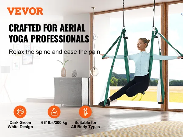 VEVOR aerial yoga swing set in use, suitable for all body types, dark green and white design.