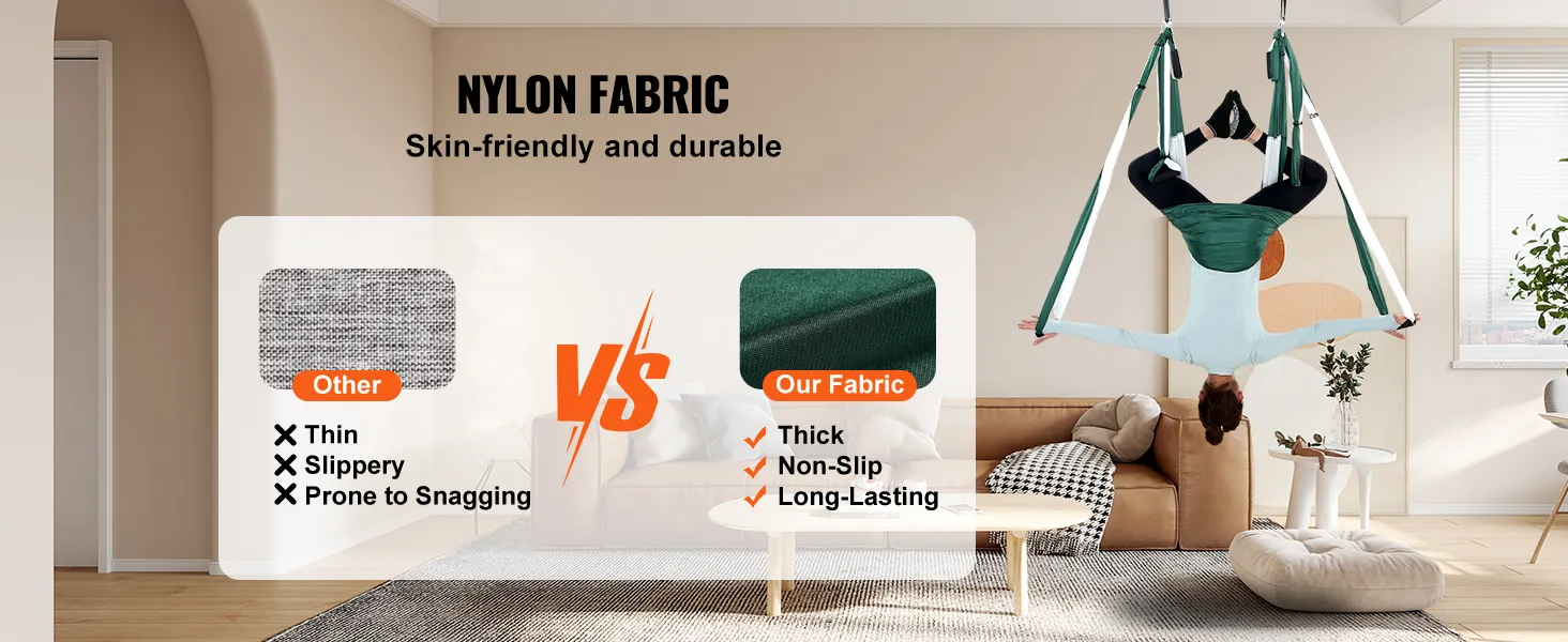 VEVOR aerial yoga swing set in a modern living room with nylon fabric comparison chart highlighting its benefits.