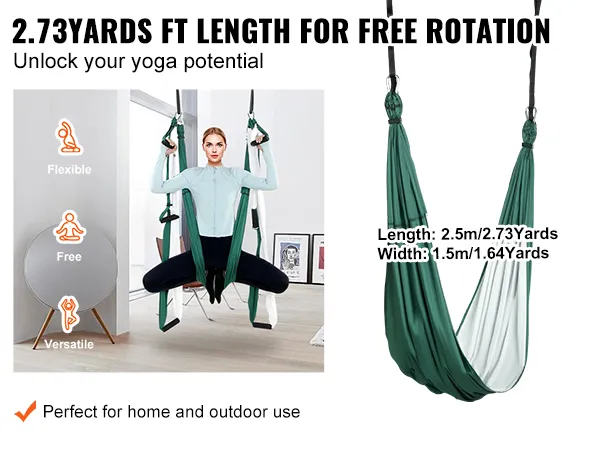 VEVOR aerial yoga swing set in living room and outdoor, flexible, free, and versatile for various poses.