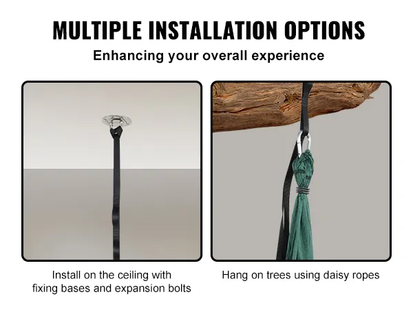 multiple installation options for VEVOR aerial yoga swing set, ceiling fixing or tree hanging with daisy ropes.