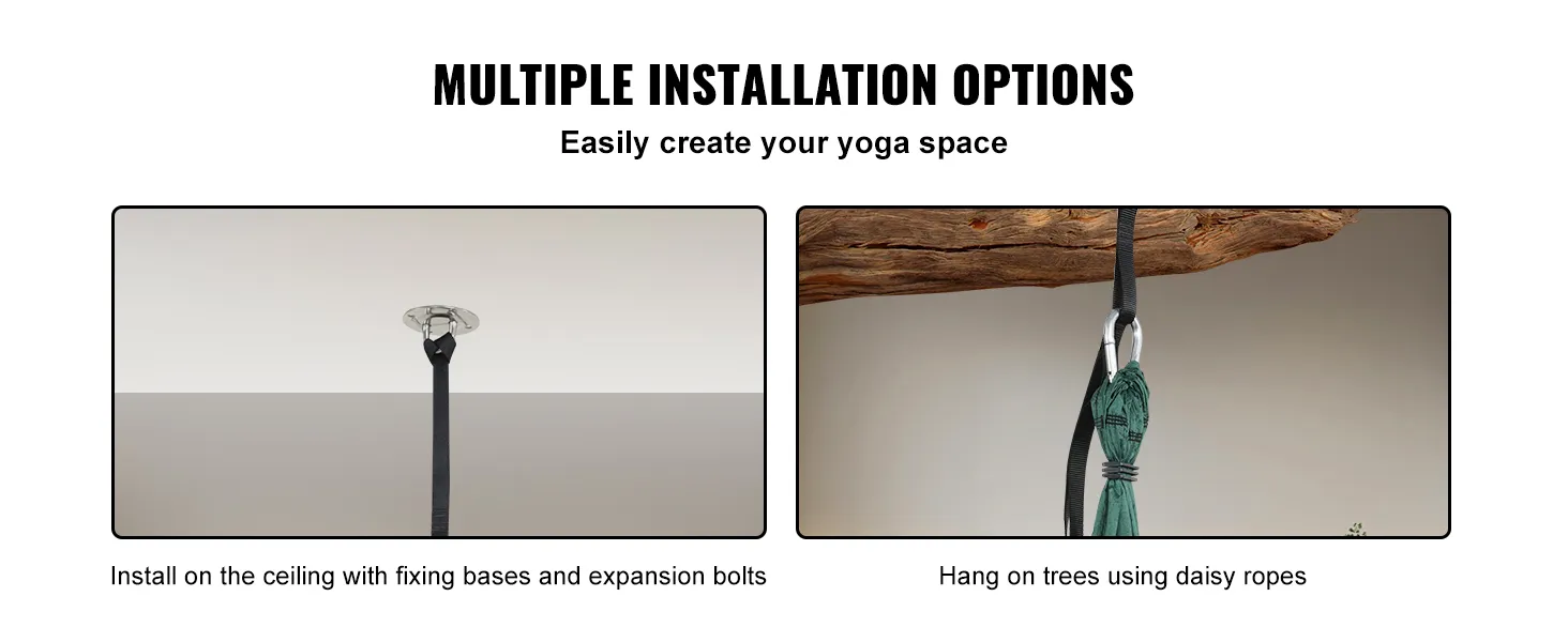 multiple installation options for VEVOR aerial yoga swing set, ceiling fixing or tree hanging with daisy ropes.