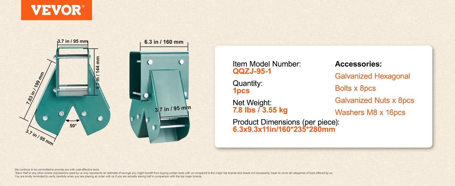 VEVOR swing set brackets dimensions and specifications with accessories list in orange text.