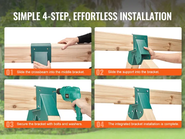 simple 4-step guide to installing VEVOR swing set brackets on wooden beams with sliding and securing steps.