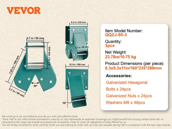 VEVOR swing set brackets in green with product dimensions and included accessories listed.