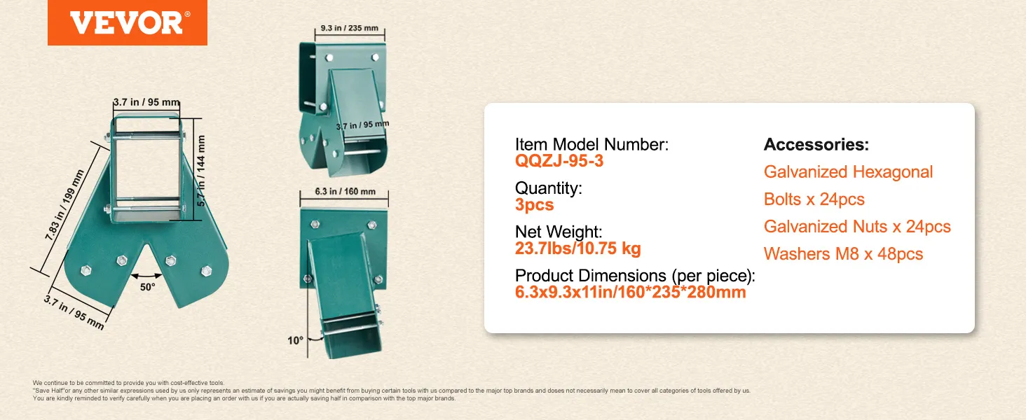 VEVOR swing set brackets in green with product dimensions and included accessories listed.