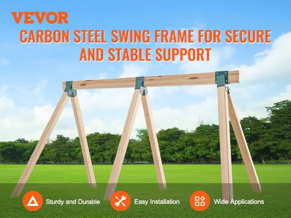 VEVOR swing set brackets on a sturdy wooden swing frame in a grassy park with a clear blue sky.