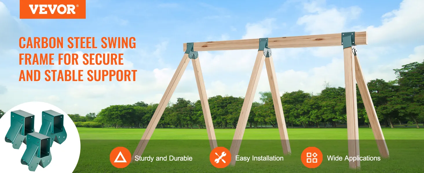 VEVOR swing set brackets on a sturdy wooden swing frame in a grassy park with a clear blue sky.