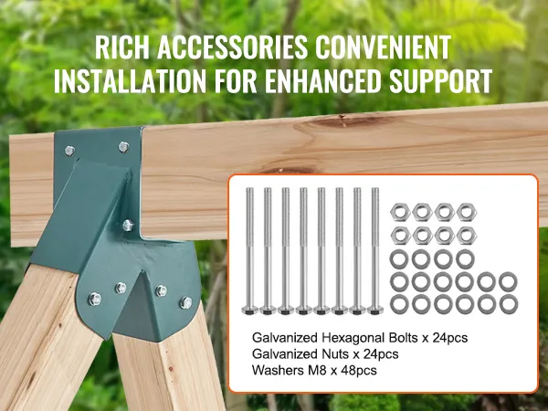 VEVOR swing set brackets with galvanized bolts, nuts, and washers in a lush garden setting.
