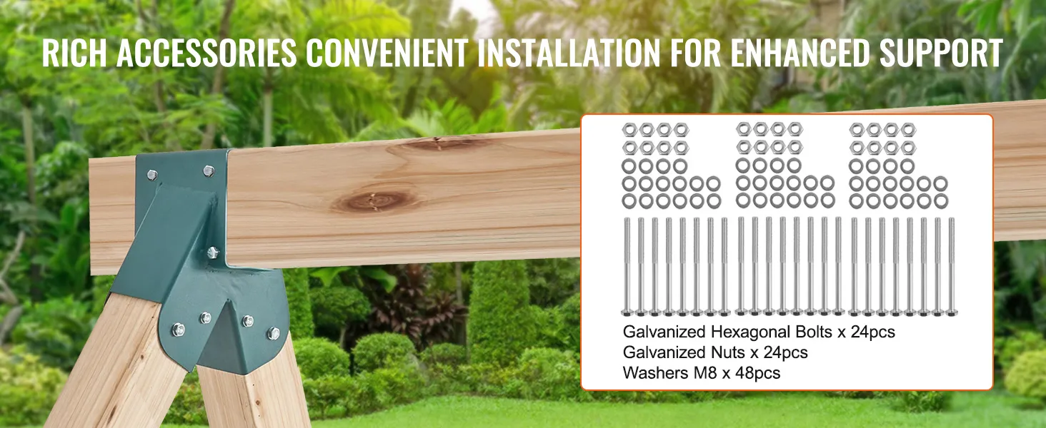 VEVOR swing set brackets with galvanized bolts, nuts, and washers in a lush garden setting.
