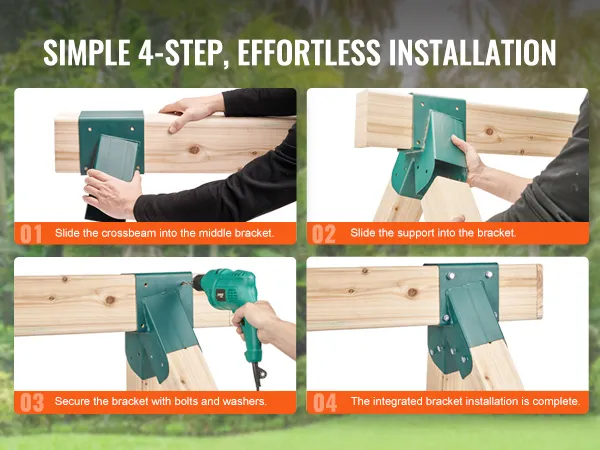 simple 4-step guide showcasing the installation of VEVOR swing set brackets with crossbeam and support.