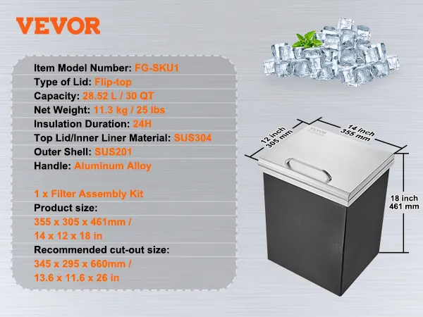 VEVOR ice chest with flip-top lid, 30 qt capacity, sus304 and sus201, 14x12x18 inches, handle aluminum.