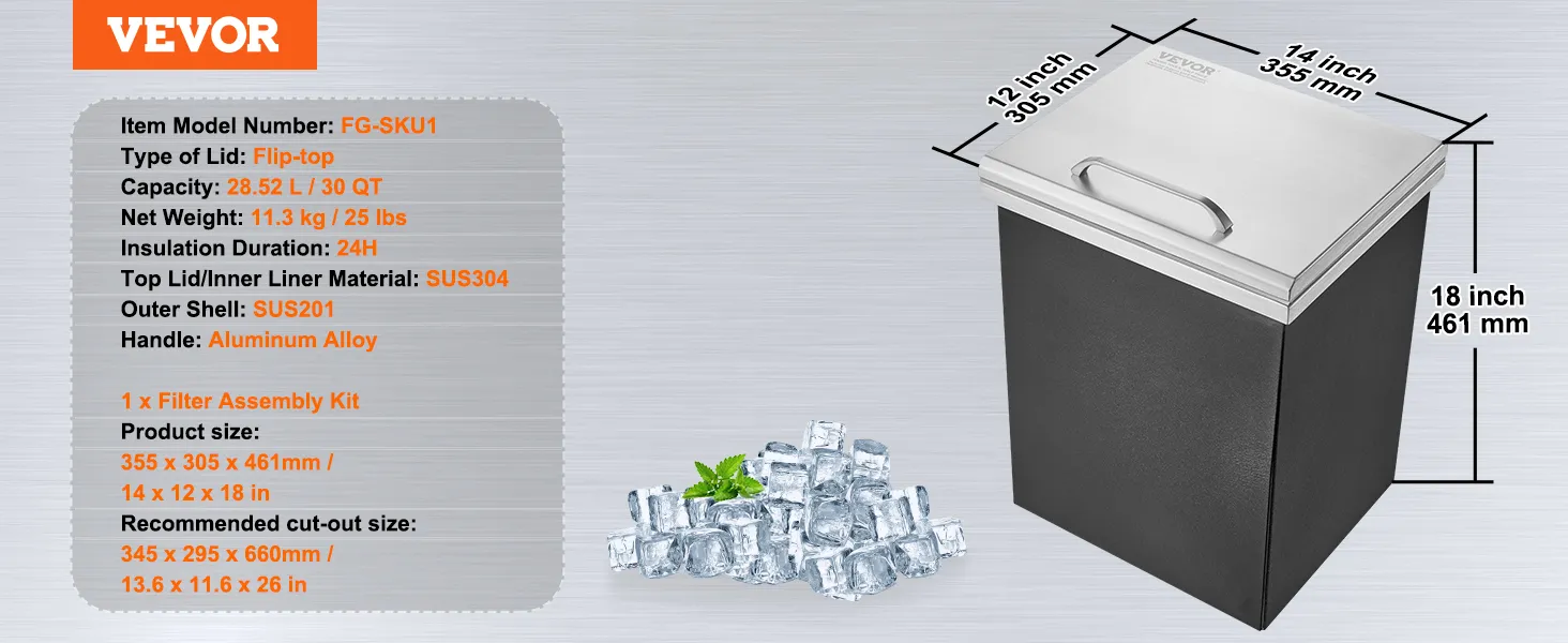 VEVOR ice chest with flip-top lid, 30 qt capacity, sus304 and sus201, 14x12x18 inches, handle aluminum.