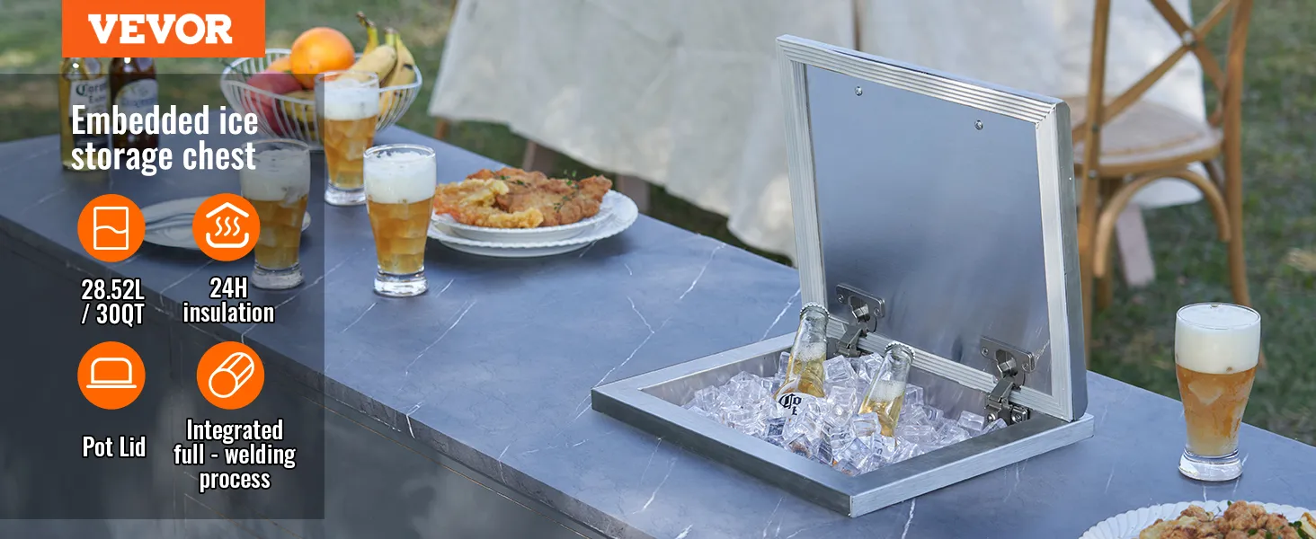 VEVOR ice chest with open stainless steel lid, cold beers, and snacks on an outdoor table.