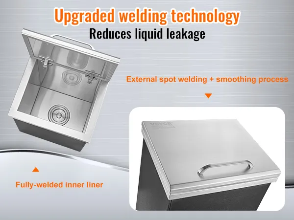 VEVOR ice chest showcasing upgraded welding technology, fully-welded inner liner, and liquid leakage reduction.