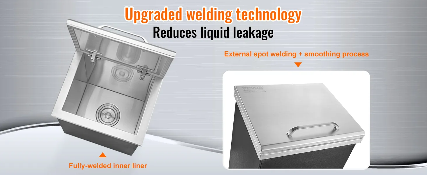 VEVOR ice chest showcasing upgraded welding technology, fully-welded inner liner, and liquid leakage reduction.