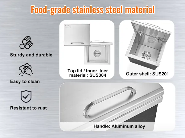 VEVOR ice chest made of food-grade stainless steel materials, sturdy, durable, easy to clean, rust-resistant.