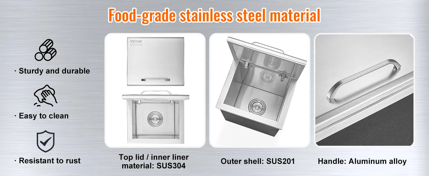 VEVOR ice chest made of food-grade stainless steel materials, sturdy, durable, easy to clean, rust-resistant.