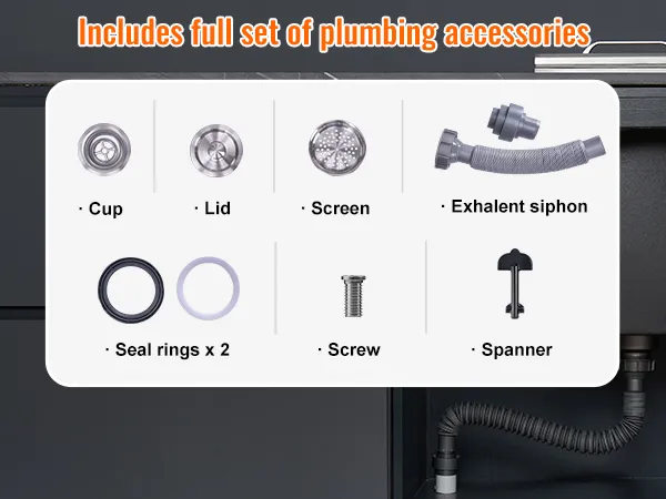 VEVOR ice chest plumbing accessories including cup, lid, screen, siphon, seal rings, screw, and spanner.