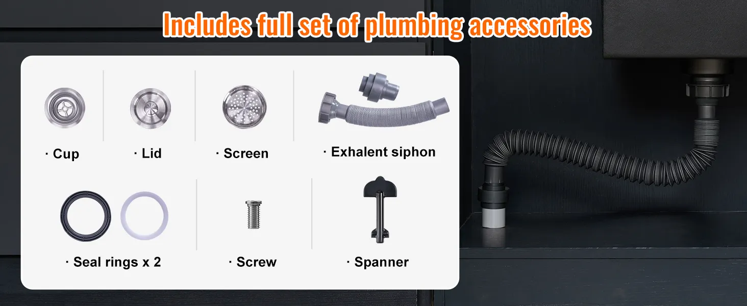 VEVOR ice chest plumbing accessories including cup, lid, screen, siphon, seal rings, screw, and spanner.