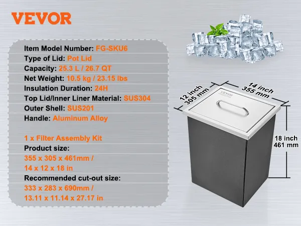 VEVOR drop in ice chest with sus304 lid, 25.3l capacity, and aluminum handle beside ice cubes.