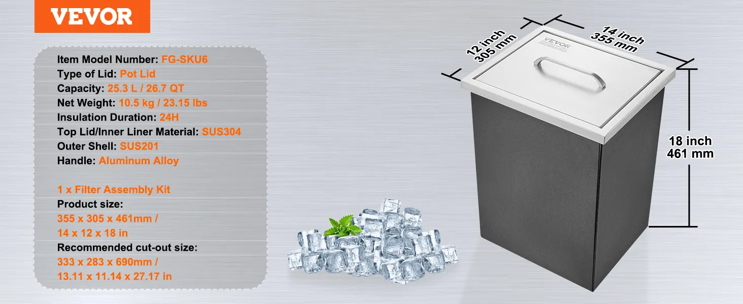 VEVOR drop in ice chest with sus304 lid, 25.3l capacity, and aluminum handle beside ice cubes.