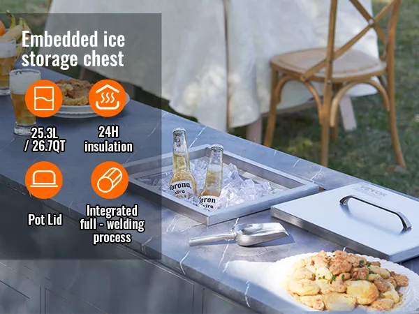 VEVOR drop in ice chest on outdoor countertop with beers, food, pot lid, and ice scoop.