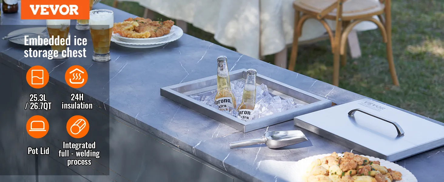 VEVOR drop in ice chest on outdoor countertop with beers, food, pot lid, and ice scoop.
