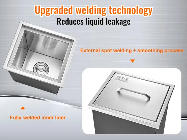 VEVOR drop in ice chest showing fully-welded inner liner and external spot welding technology.