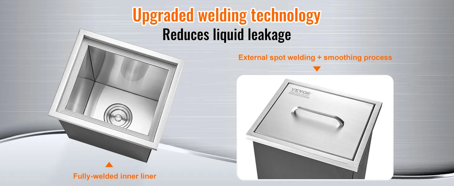 VEVOR drop in ice chest showing fully-welded inner liner and external spot welding technology.