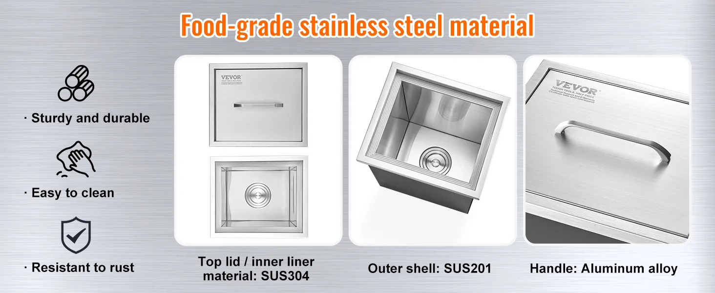 food-grade stainless steel VEVOR drop in ice chest, rust-resistant, sturdy, and easy to clean.