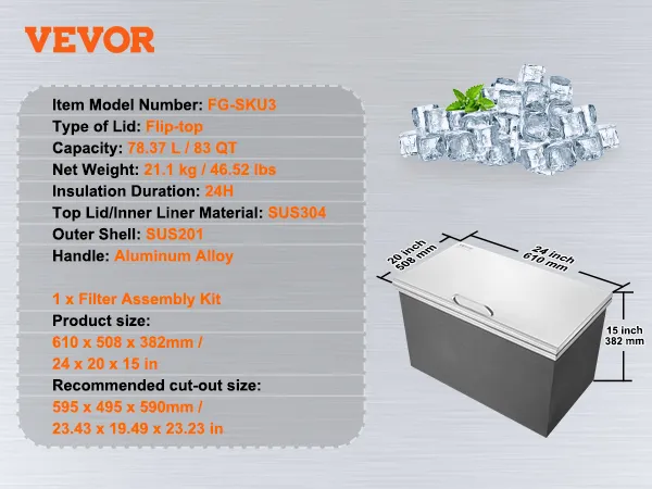VEVOR drop in ice chest with flip-top lid, 78.37l capacity, dimensions: 24x20x15 inches.