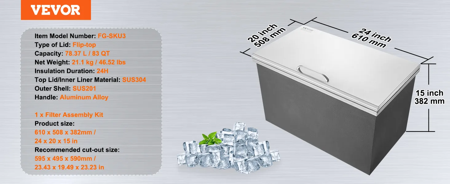 VEVOR drop in ice chest with flip-top lid, 78.37l capacity, dimensions: 24x20x15 inches.