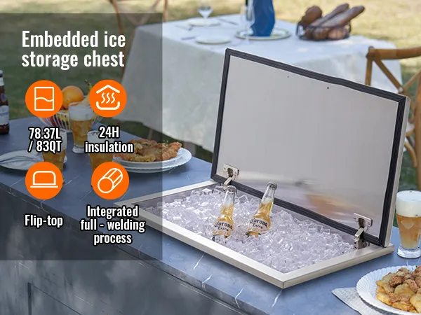VEVOR drop in ice chest with beers, drinks, and food on patio table, highlighting insulation and storage capacity.
