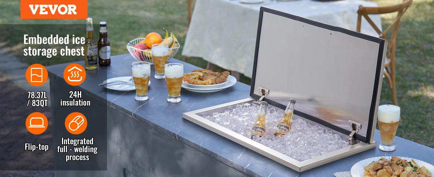 VEVOR drop in ice chest with beers, drinks, and food on patio table, highlighting insulation and storage capacity.